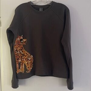 Anthropologie Charcoal Sweatshirt with big cat art on side.